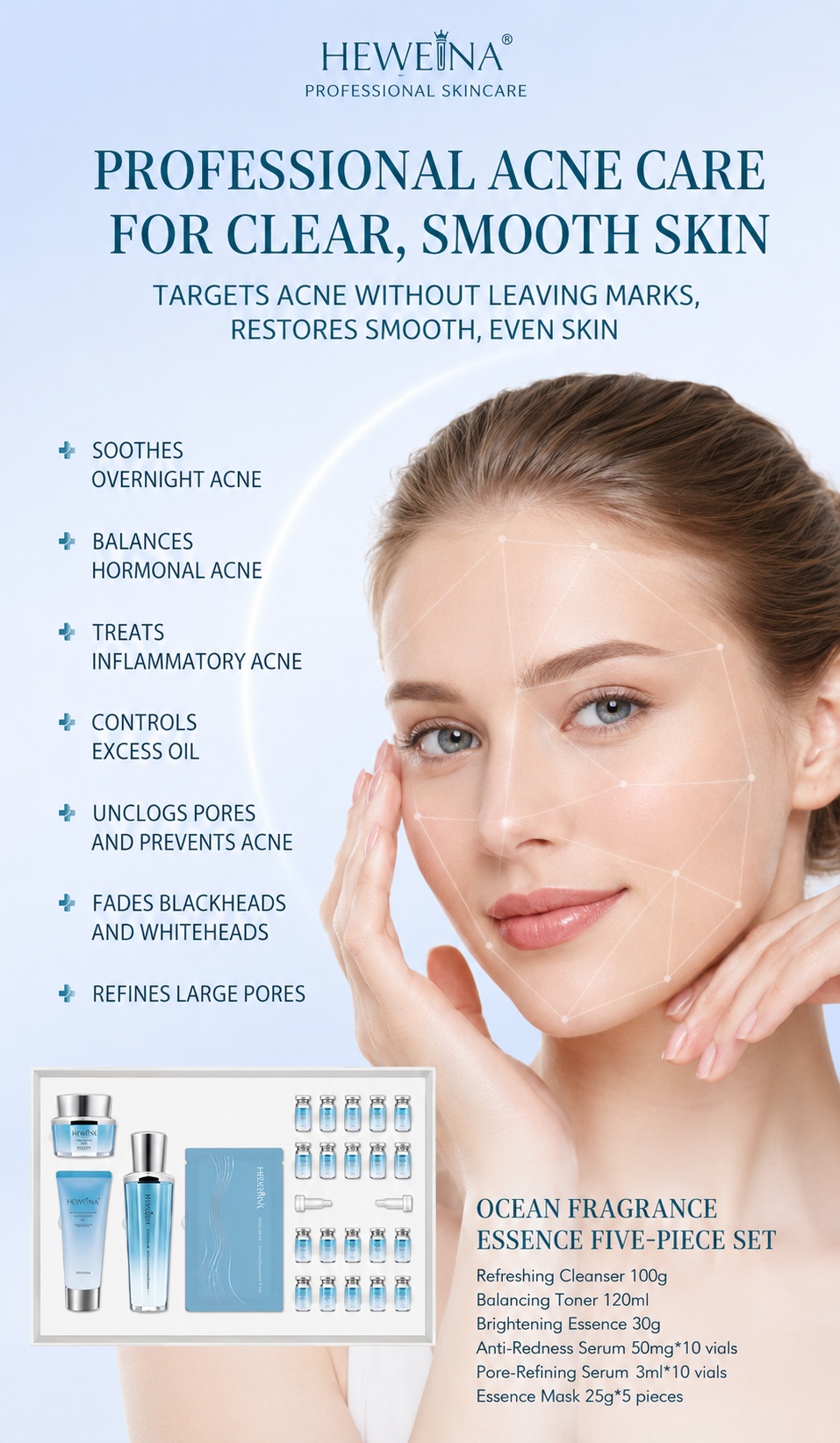 HEWEINA 6-Dimensional Acne Care 5-Piece Ocean Fragrance Skincare Set, Oil Control Pore Minimizing Anti-Redness Cleanser Toner Cream Ampoule Mask Kit